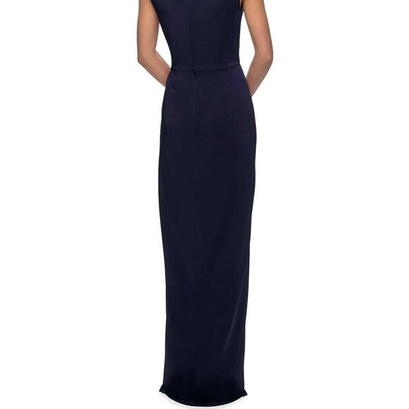 La Femme Navy Blue Off-the-Shoulder Ruched Jersey Column Gown - Picture 4 of 4